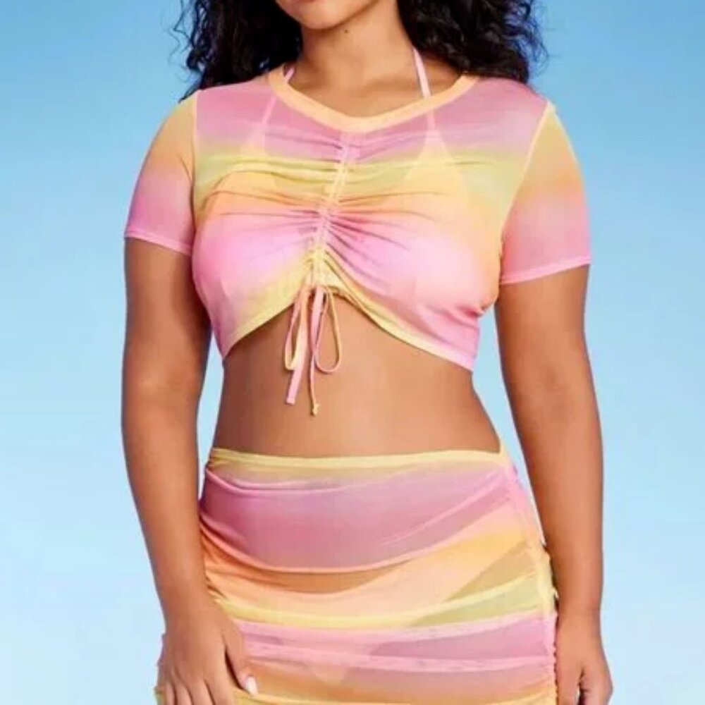 Excellent Condition 2 pc Set, SZ XL Top w/ SZ L Skirt, Pink & Orange Ombre Mesh
